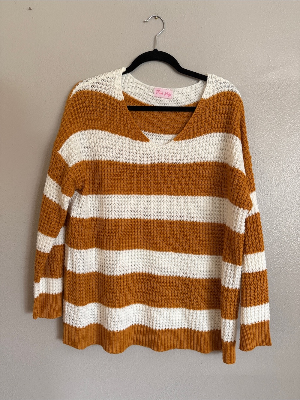 Pink Lily Striped Mustard and Cream V-Neck Sweater